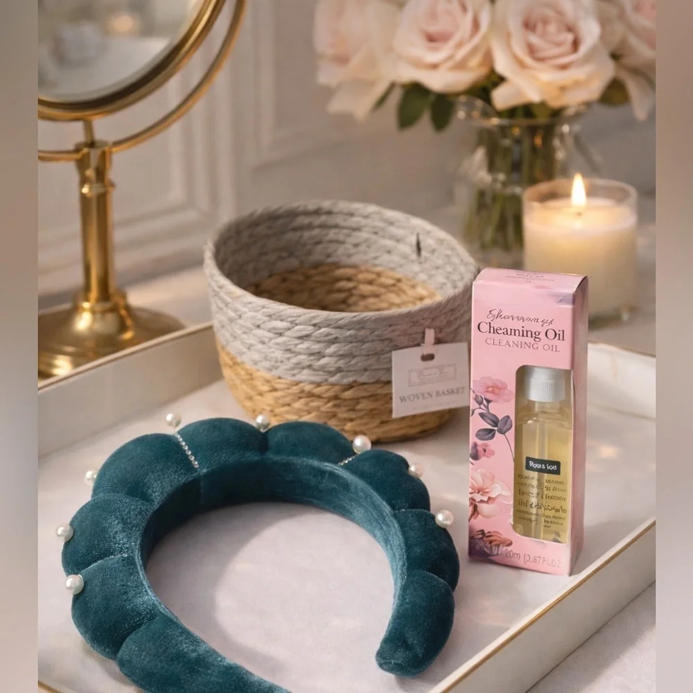 🫖🍵 Self care Kit Teal Velvet Headband wit Pearls with basket and jojoba rose oil